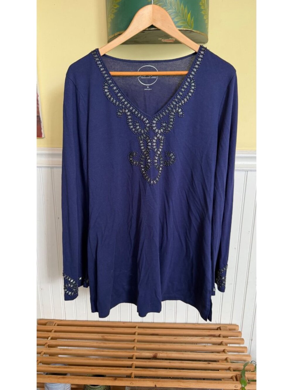 INC International Concepts Womens Navy Beaded Long Sleeve Top XL boho y2k